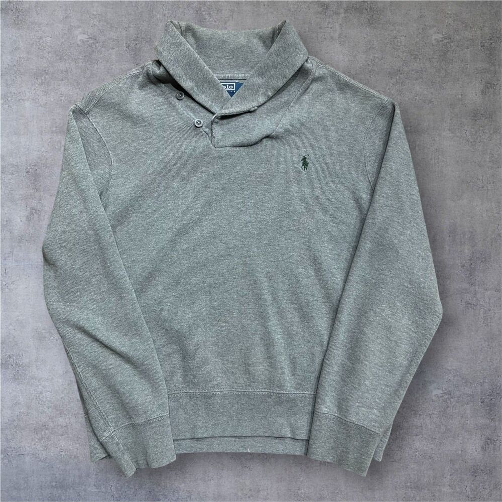 Polo Ralph Lauren Vintage 90s Shawl Neck Heather Grey Sweater Men's Size Large
